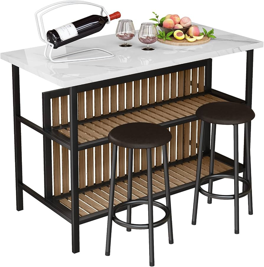 AWQM Kitchen Island with Seating & Storage Shelf, Faux Marble Island Table for Kitchen, Modern Ba... | Amazon (US)