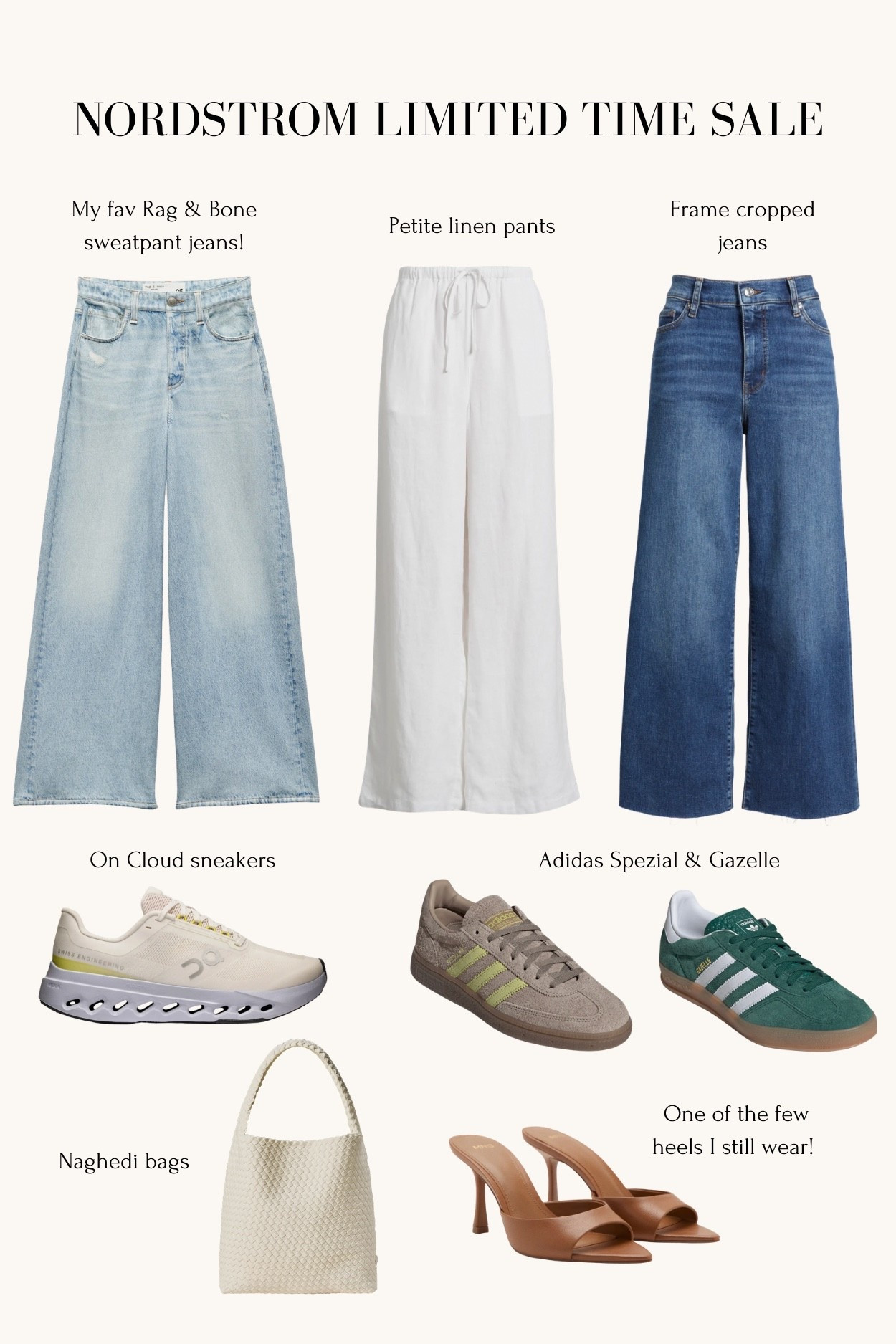 Nordstrom limited time sale!

• rag bone sweatpant jeans - go 1 size down at the waist  in this style. Also, I needed two machine wash and dry them to shrink the length.

• Caslon brand runs big pants 

• adidas handball Spezial sneakers run big but very comfortable 

• mango heels run TTS and are very elongating . Also linked the lower heel version



#LTKSaleAlert