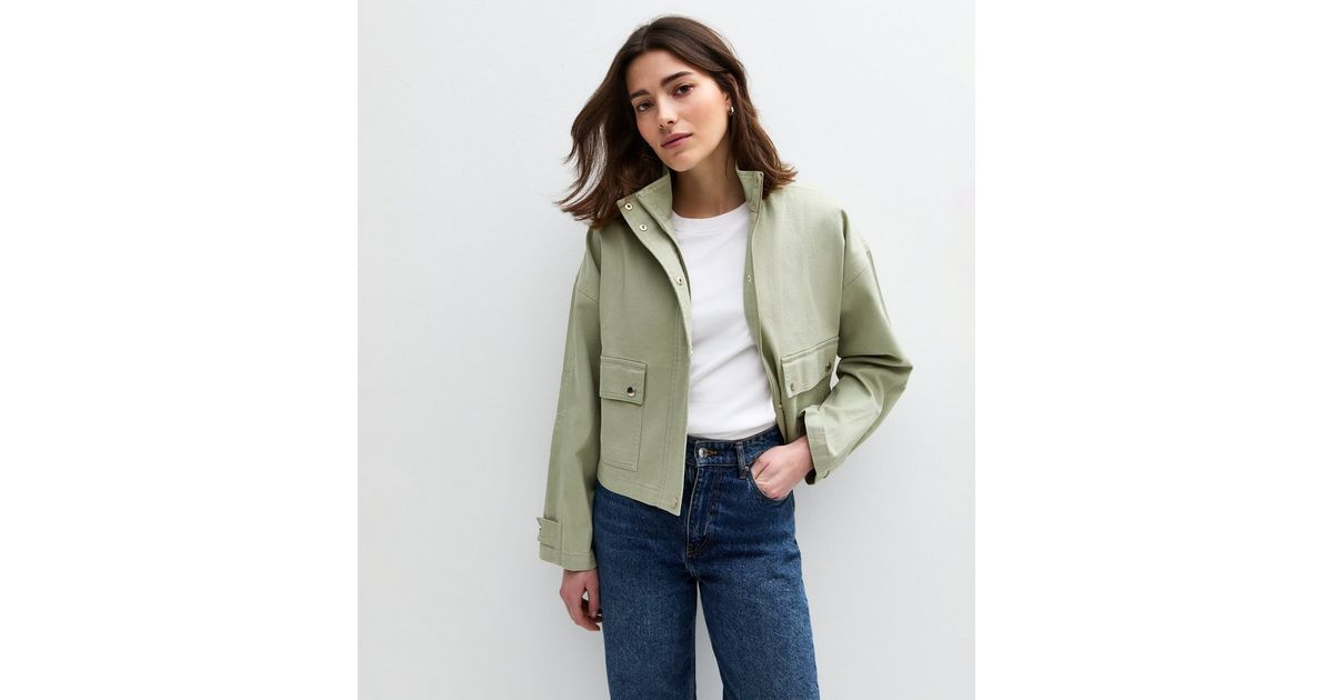 Olive Green High Neck Cotton Twill Shacket
						
						Add to Saved Items
						Remove from Save... | New Look (UK)