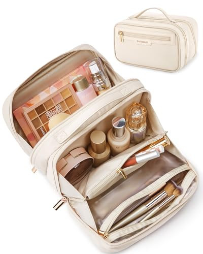 BAGSMART Travel Makeup Bag, Make Up Bag with Multiple Compartments for Organizer, Durable & Compact Cosmetic Organizer for Women for Travel Accessories (Beige) | Amazon (US)