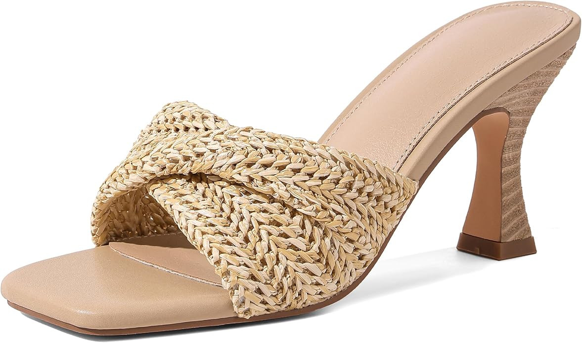 Marc Ford Raffia Heeled Sandals for Women Stiletto Mule Heels Open Square Toe Braided Backless Sl... | Amazon (US)