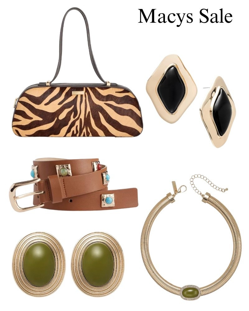 Macys sale!! Oversized earrings, studded belt, zebra purse, gold necklace.
@macys

#LTKSaleAlert