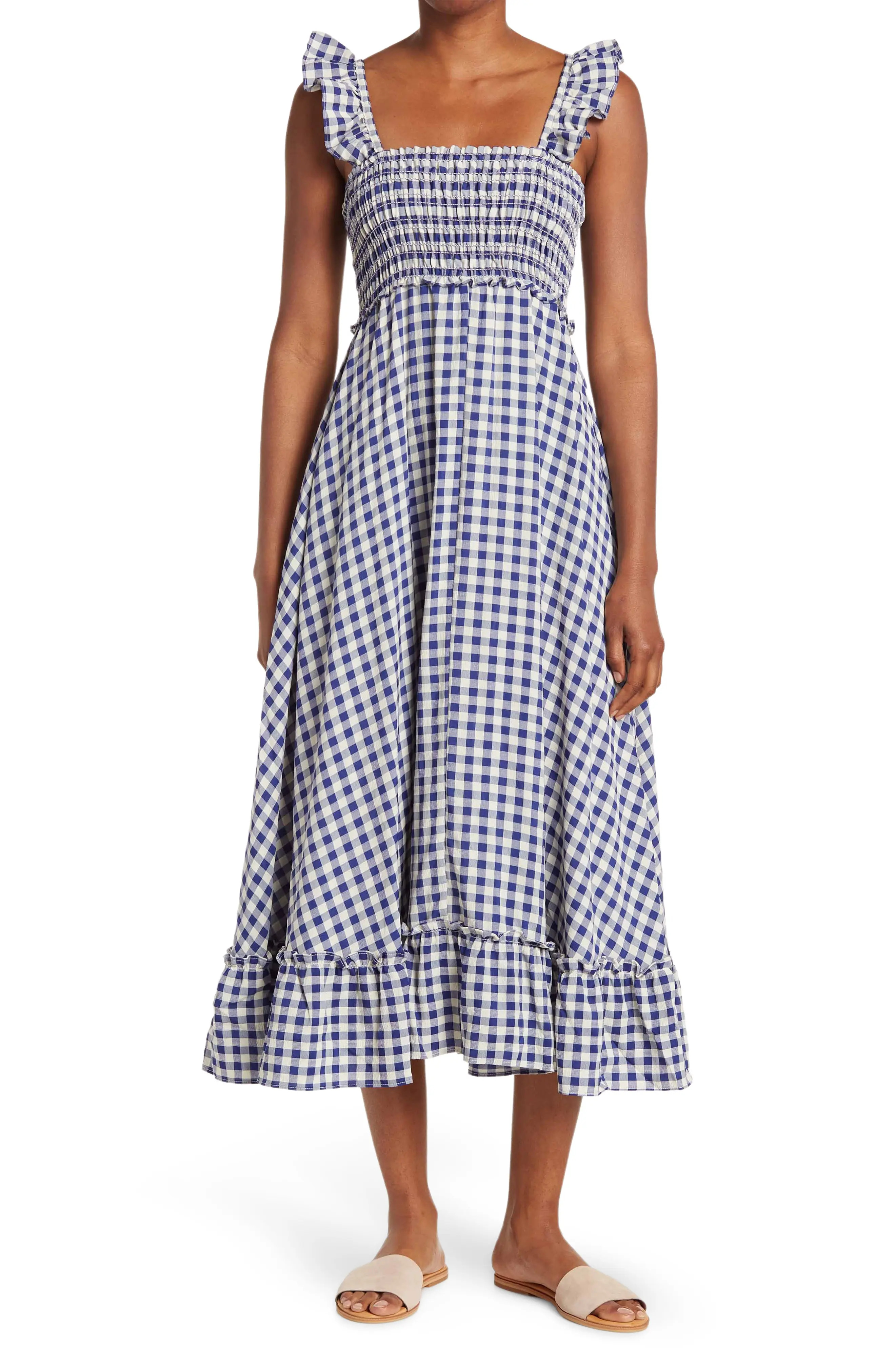 MAX STUDIO Yarn Dye Ruffle Sleeve Smocked Dress in Indigo/Cream at Nordstrom Rack, Size Medium | Nordstrom Rack