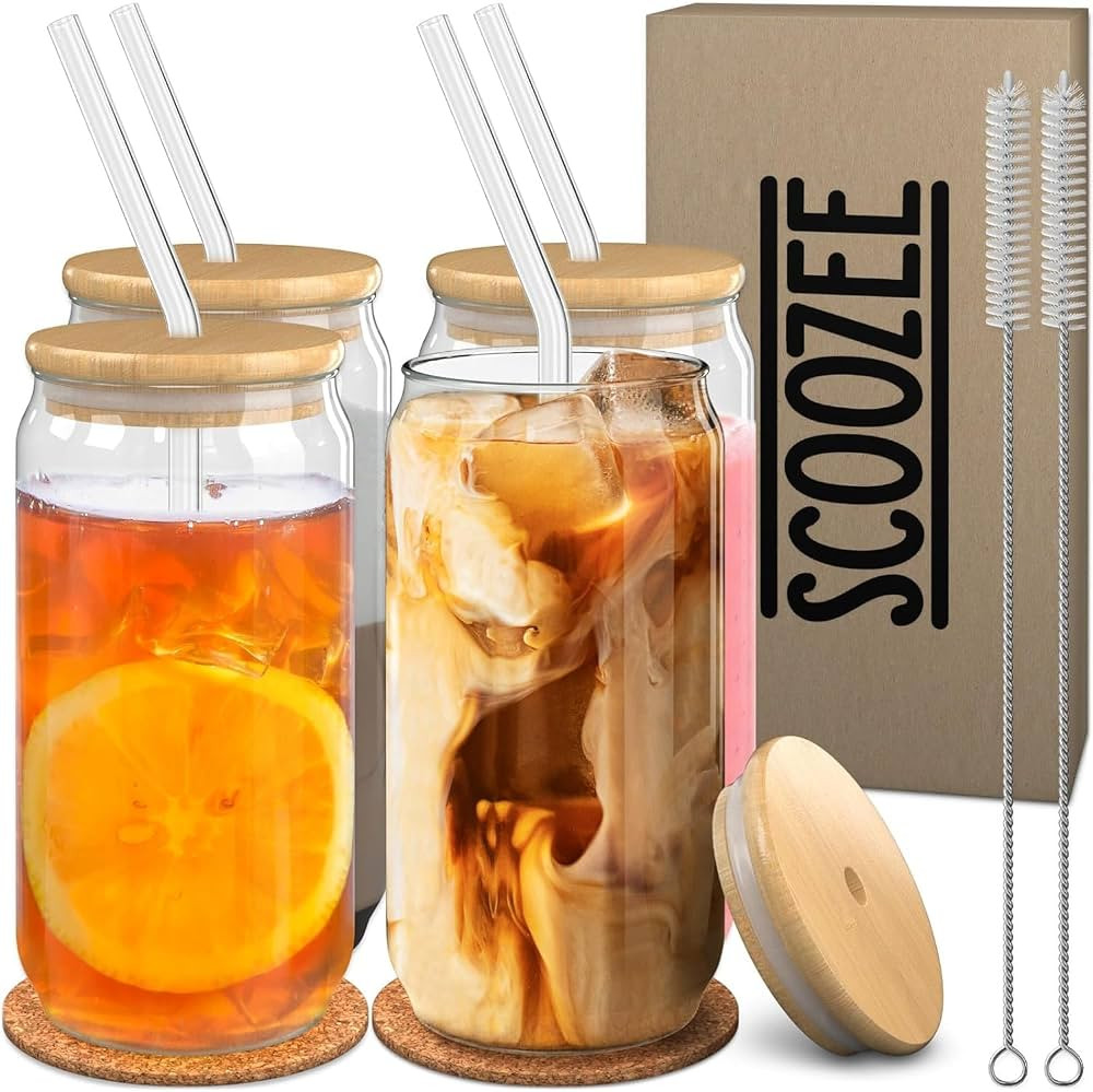 Glass Cups with Lids and Straws (18oz, Set of 4) Iced Coffee Cup, Ice Tea Glasses | Aesthetic Cof... | Amazon (US)