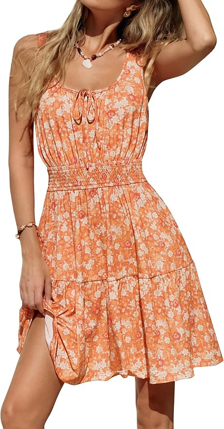 Kate Kasin Women Summer Floral Mini Dress 2026,Sleeveless Casual Elastic Waist Sundress,Flowy Tan... | Amazon (US)