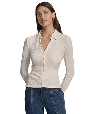 DKNY Jeans Women's Textured Collared Button-Front Top - Macy's | Macy's