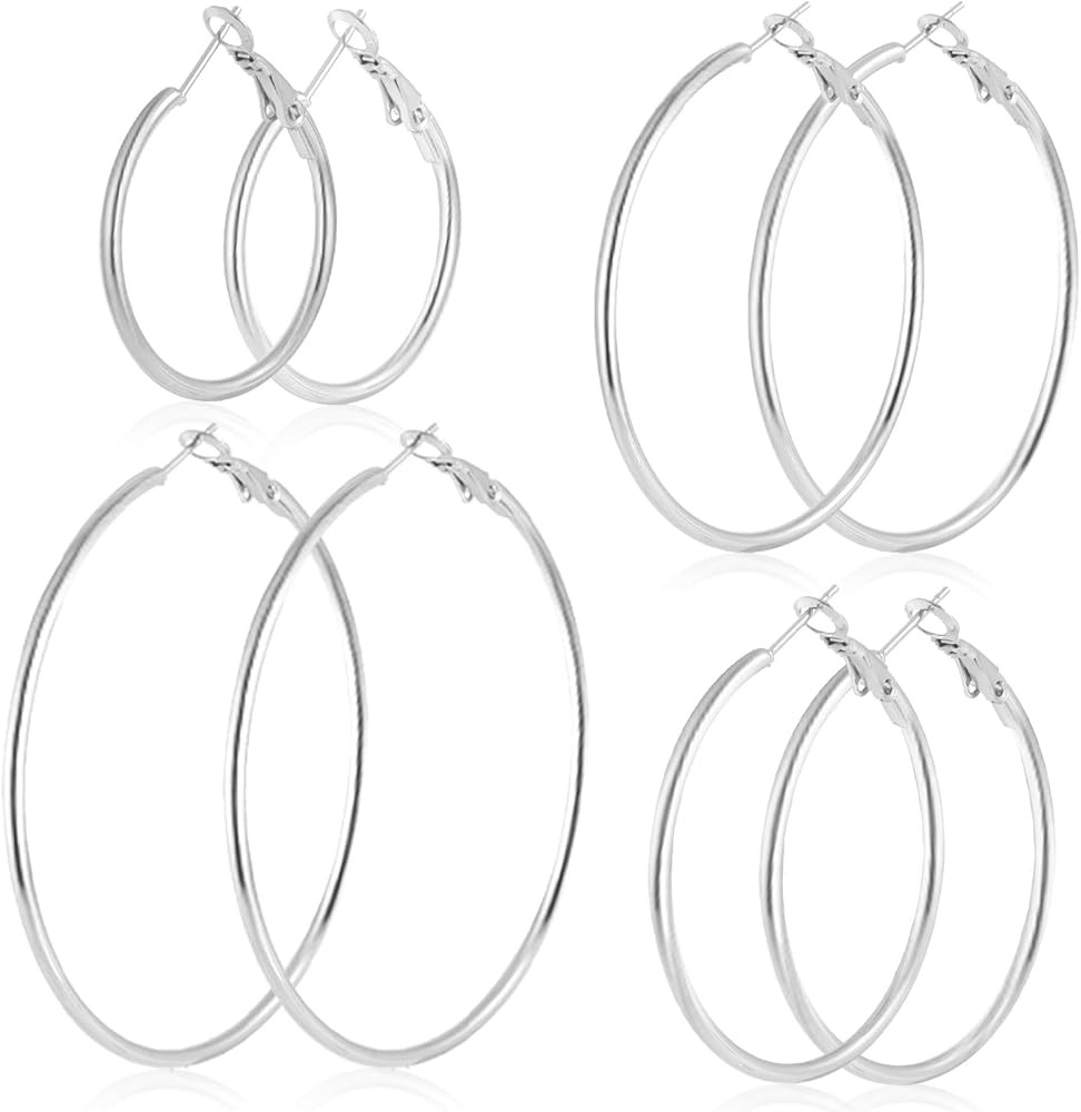4 Pairs Stainless Steel 30/40/50/60 mm Silver 14K Gold Plated Hoop Earrings for Women Hypoallerge... | Amazon (US)