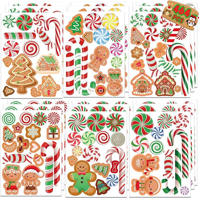 Christmas Candy Cane Stickers 464PCS Gingerbread 3D Peppermint Candy Stickers for Envelopes Cards... | Amazon (US)