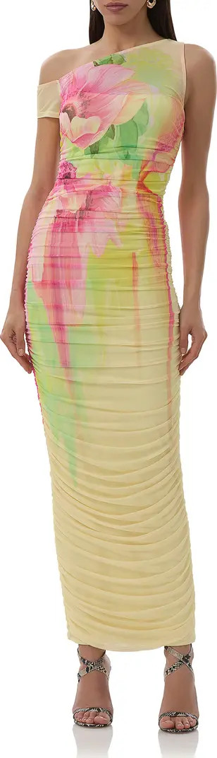 Biona Printed One-Shoulder Ruched Mesh Maxi Dress | Nordstrom