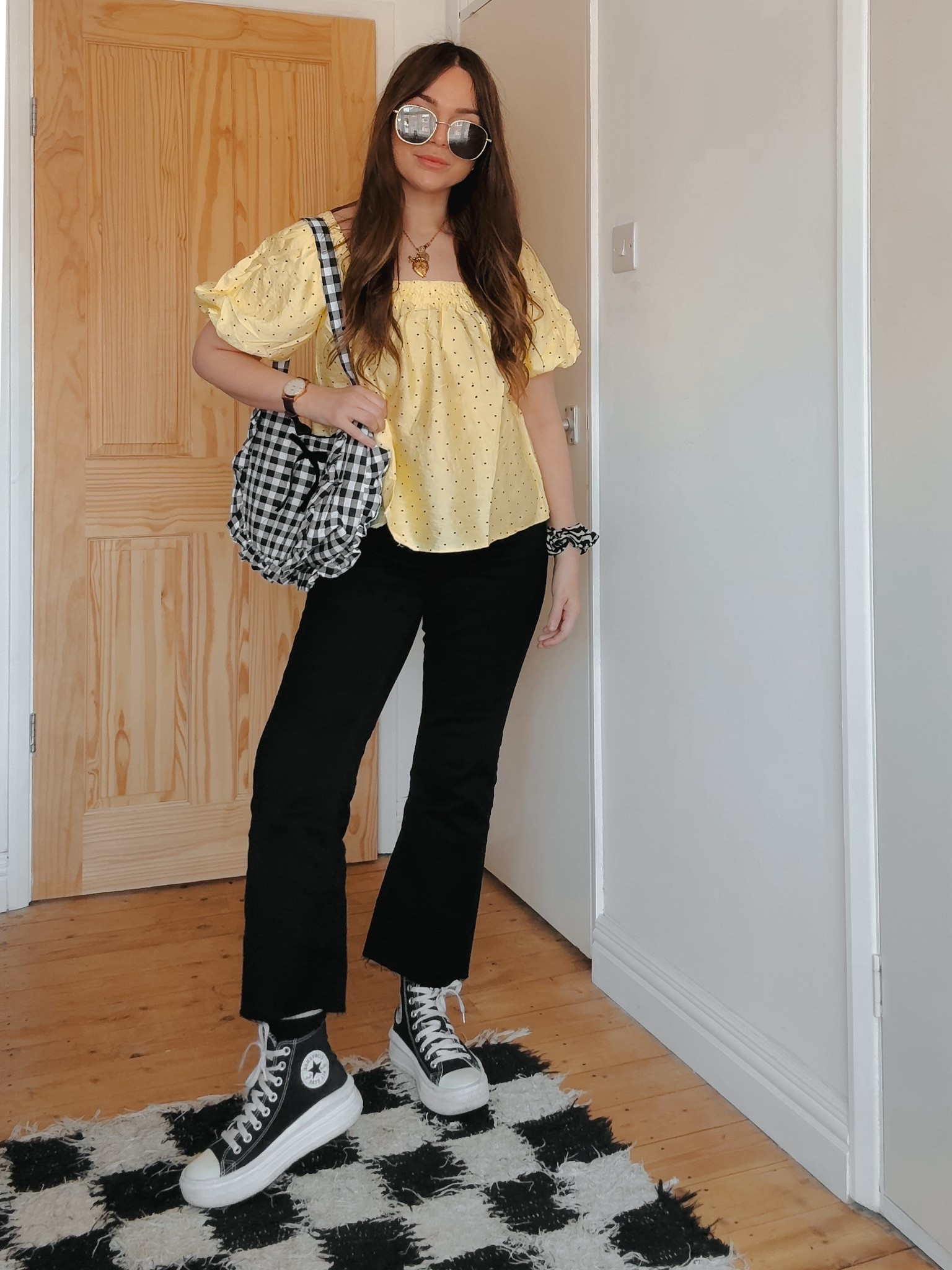 Spring outfits, butter yellow, polka dots, alternative, converse, gingham, kick flares, spring fashion 

#LTKuk #LTKspring