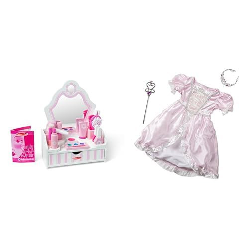 Melissa & Doug Beauty Salon Play Set (18-Piece Wooden Vanity) & Princess Role Play Costume Set (3-Piece Pink Gown, Tiara, Wand) | Amazon (US)