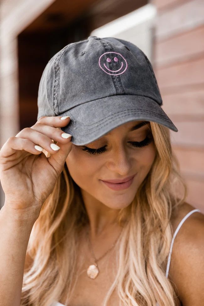 Smiley Face Embroidered Charcoal Baseball Cap | The Pink Lily Boutique