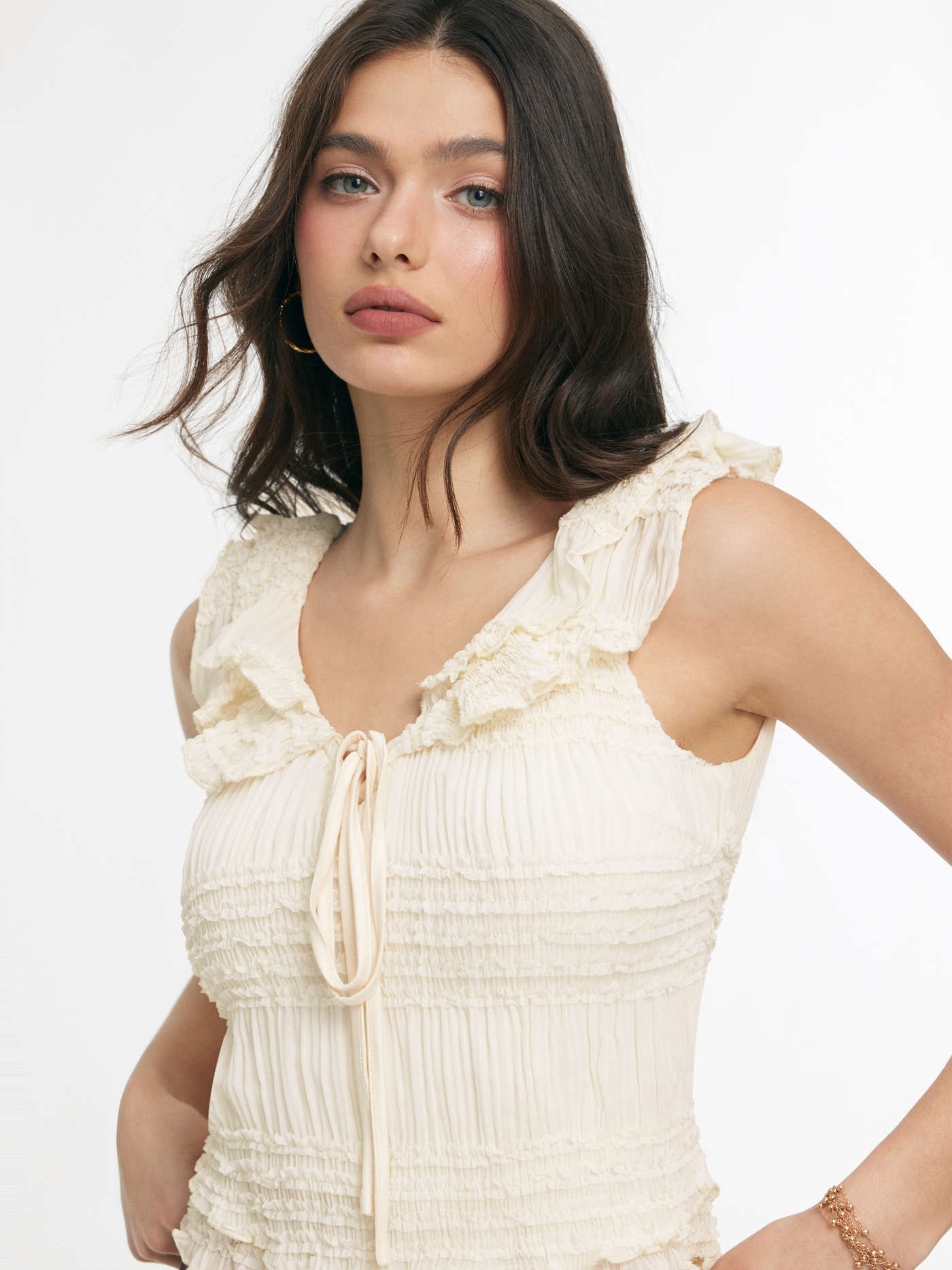 Knit Fabric V-Neck Ruched Ruffled Knotted Short Sleeve Top For Daily Casual Date | Cider
