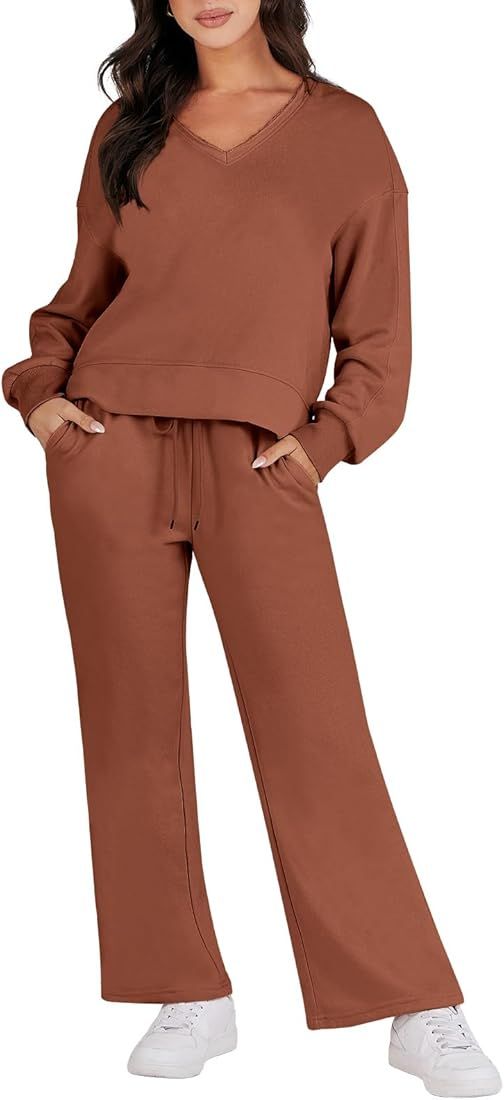 Caracilia Women's Two Piece Outfits Matching Sets Long Sleeve Pullover Tops and Wide Leg Pants Tr... | Amazon (US)