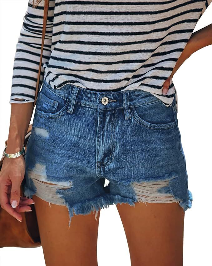 HOCAIES Women's Juniors Jean Shorts Frayed Raw Hem Ripped Denim Shorts for Women | Amazon (US)