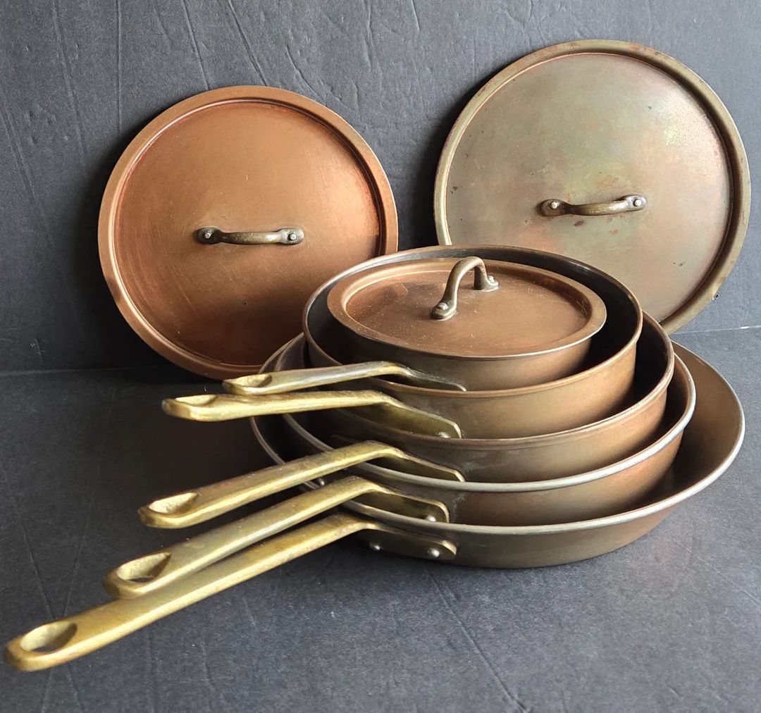 Vintage Decorative Copper Cookware Set 3 Pots With Lids 2 Pans Brass Handles Triple Rivets Lots o... | Etsy (US)