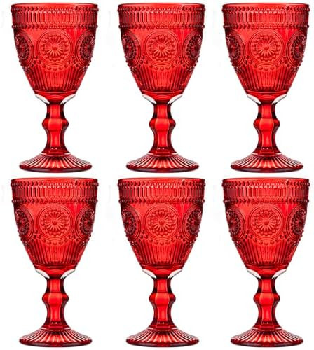 Red Vintage Wine Glasses Set of 6, 10 Ounces Colored Glass Water Goblets, Unique Floral Embossed ... | Amazon (US)