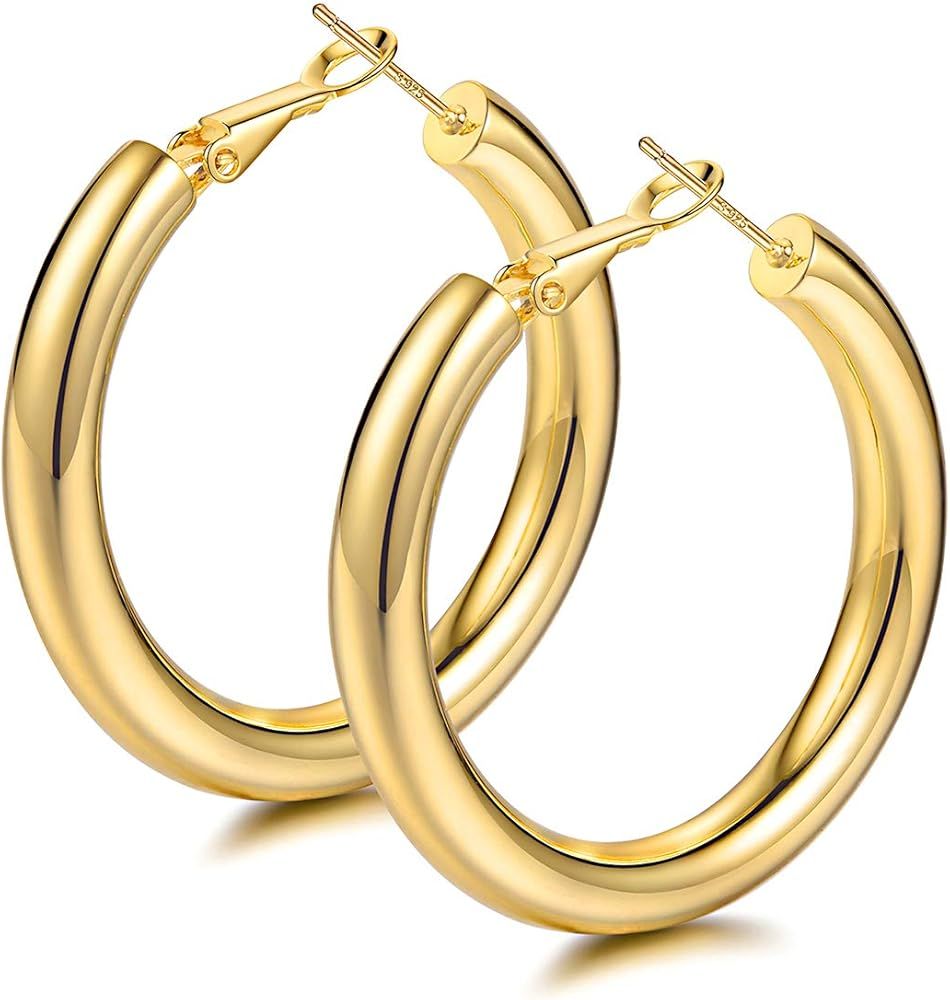 Gold Hoop Earrings for Women Girls 18K Gold Hoop Earrings Large Lightweight Chunky Hoops Gold Hug... | Amazon (US)