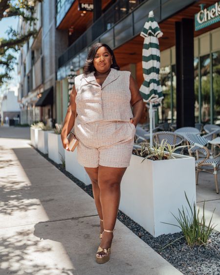 50% off | Plus size Tweed short set (wearing a size 22). Relaxed fit. Size down for a more fitted look. (Some stretch)

Spring outfit. Amazon heels. Platform heels. Plus size fashion. Women’s fashion. Spring fashion. Plus size shorts. Plus size tops. Plus size vest.

#LTKplussize #LTKfindsunder100 #LTKsalealert