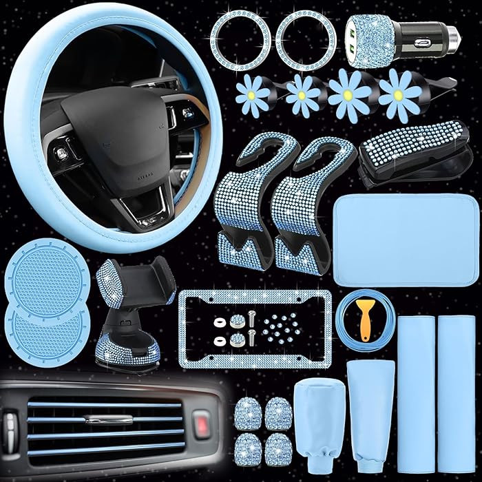 46 Pcs Bling Car Accessories Set for Women Leather Steering Wheel Cover Seat Belt Covers Diamond ... | Amazon (US)