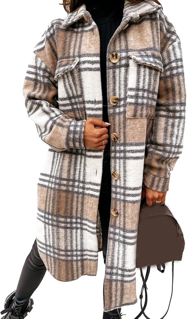 PUWEI Women's Long Flannel Plaid Jacket Shacket Cozy Lapel Button Down Shirt Jacket Fuzzy Trench ... | Amazon (US)