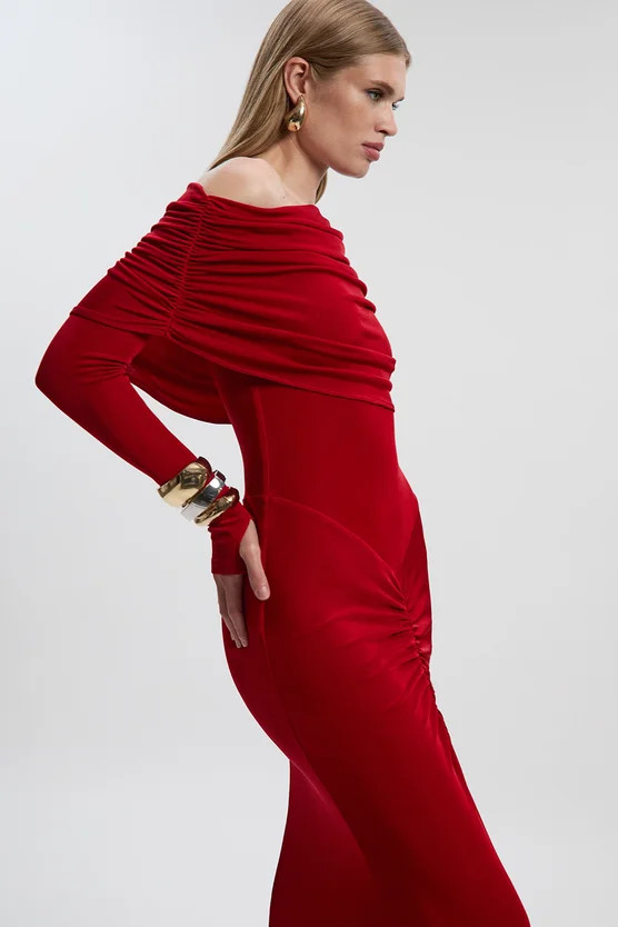 Drapey Crepe Off The Shoulder Ruched Detail Fishtail Maxi Dress | Karen Millen UK + IE + DE + NL