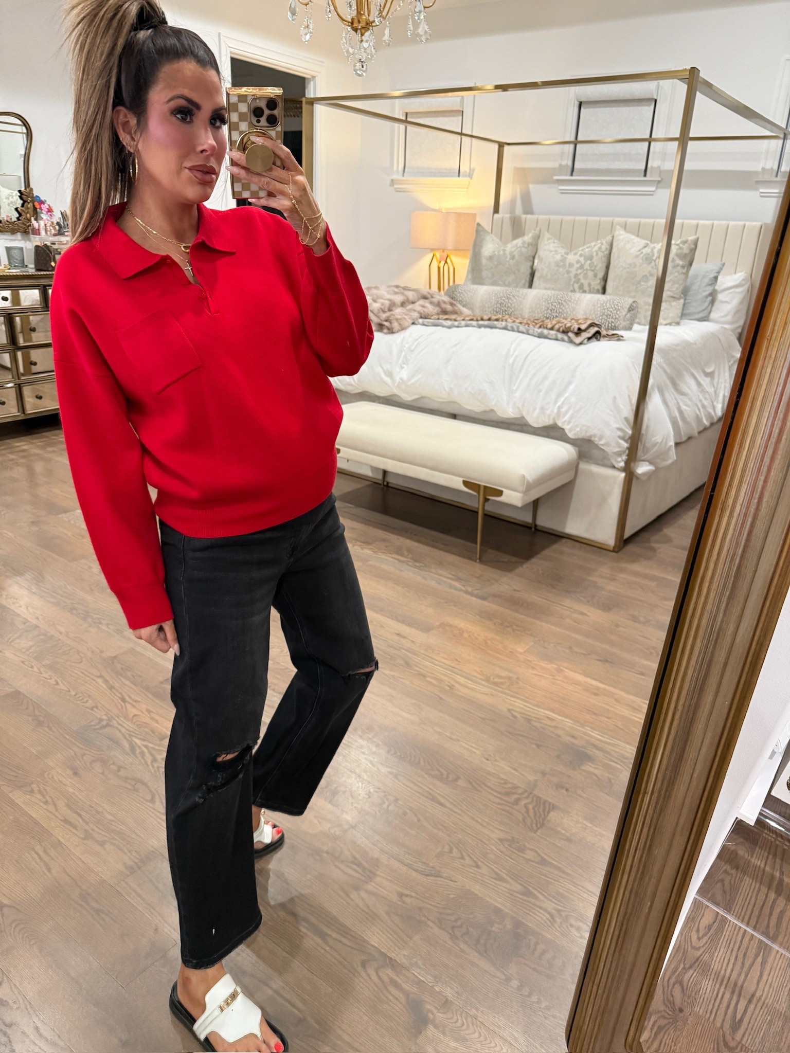 Wearing a size medium in this red polo and size 27 in black jeans! 

Casual outfit, Date Night outfit, Spring, Red Top, Black jeans, Winter Denim, Emily Ann Gemma

#LTKSeasonal #LTKootd #LTKmomlife