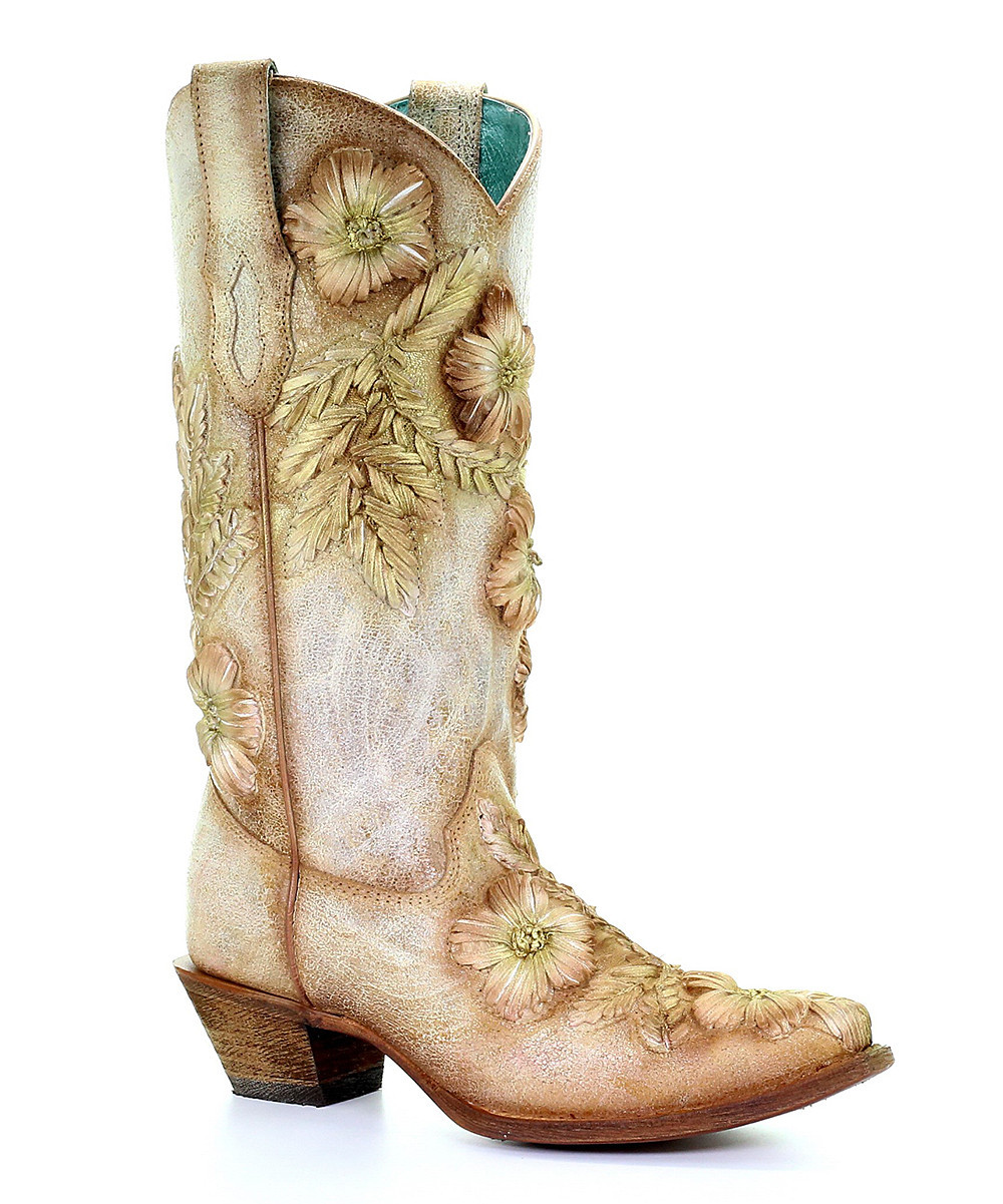 Corral Boots Women's Western Boots BONE - Bone Floral Hand-Painted Leather Western Bootie - Women | Zulily