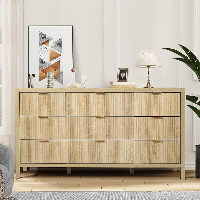 Mid Century Modern Dresser TV Stand, 9 Drawer Dresser for Bedroom Wood, Boho Wooden Storage Cabin... | Amazon (US)