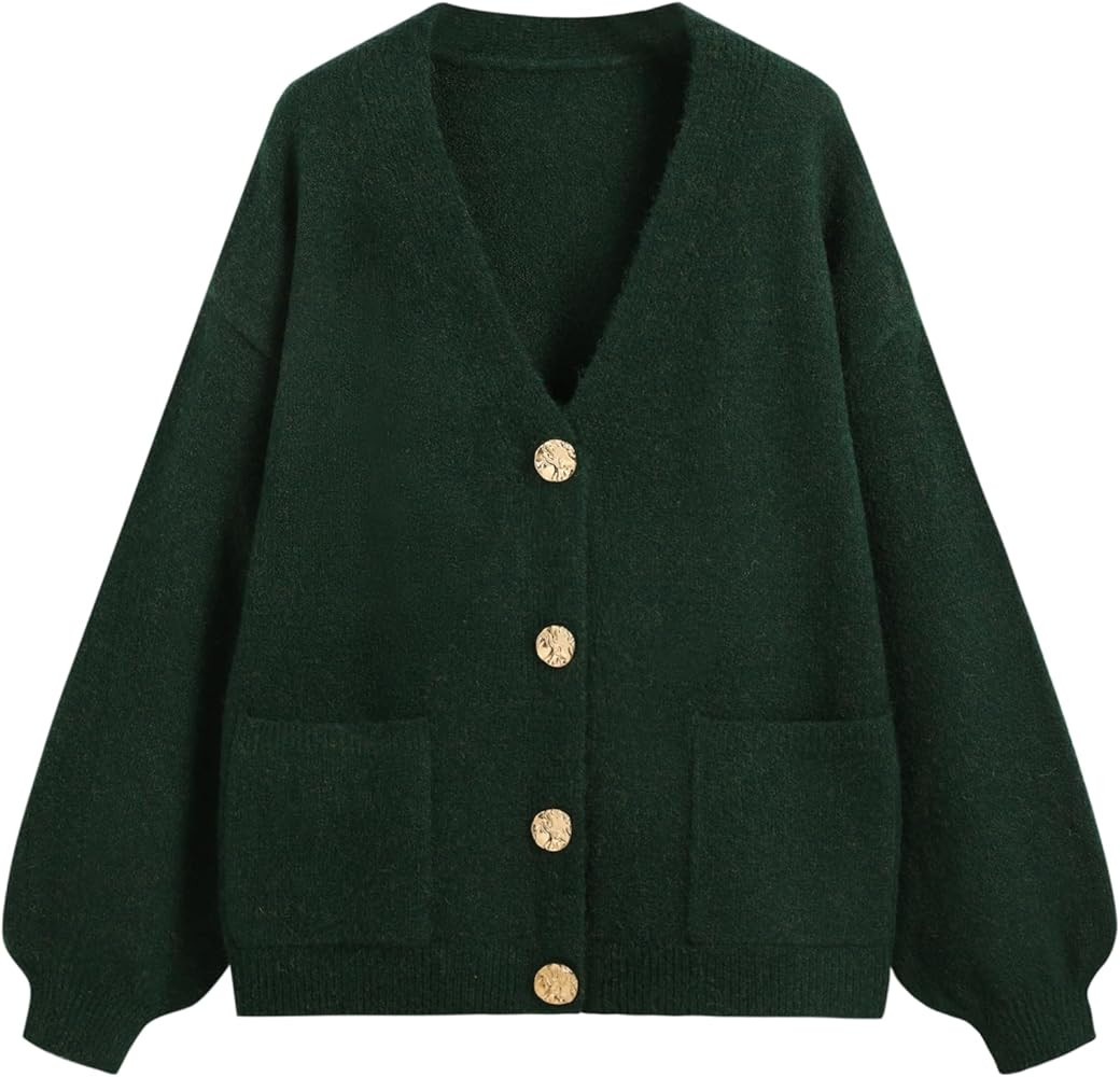 CIDER Oversized Cardigan Women V Neck Button Down Knit Sweater Oversized Wool-Blend Metal Button ... | Amazon (US)