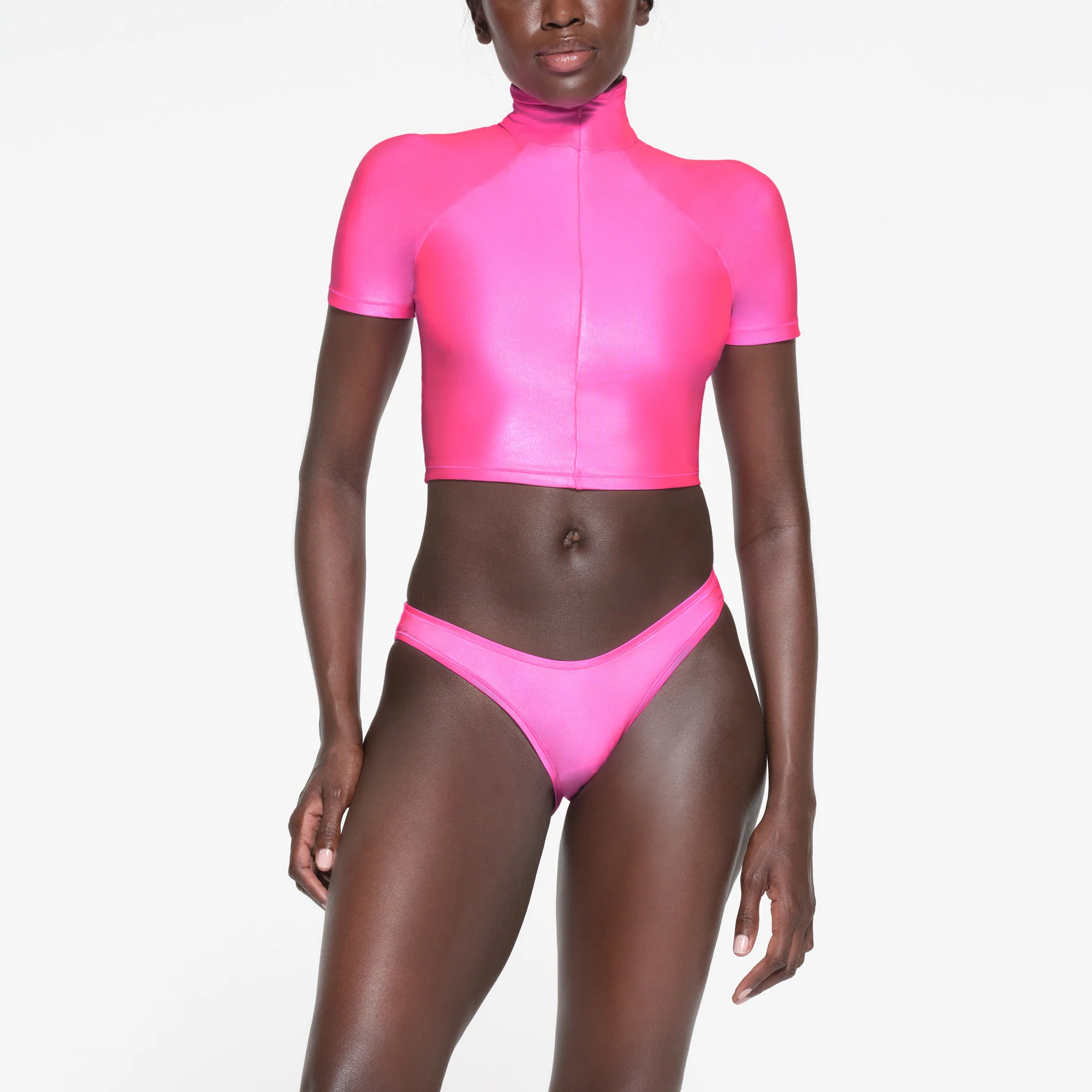 SKIMS Super Cropped Zip Front T-Shirt | Pink | Small | Shine Swim | SKIMS (US)