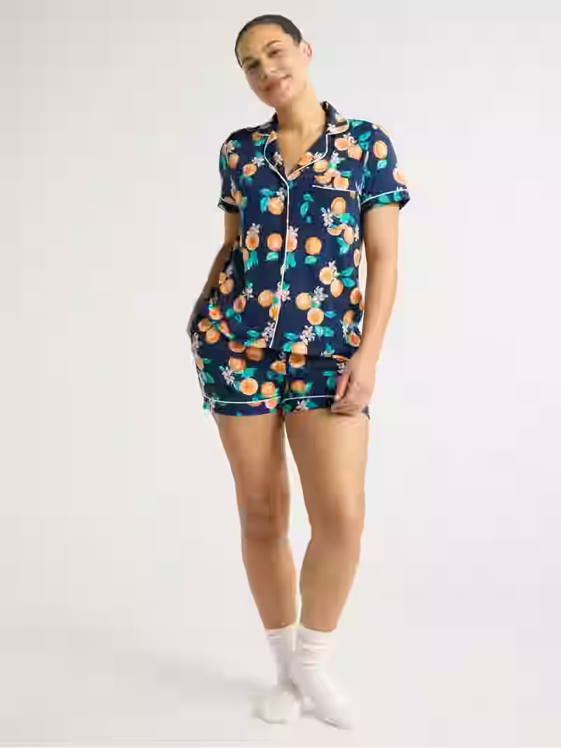 Joyspun Women’s Dreamy Soft Collection Short Sleeve Knit Notch Collar Top and Shorts Pajama Set... | Walmart (US)