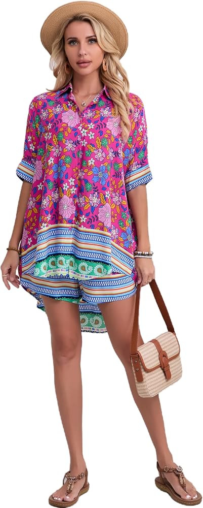 Women's Boho 2 Piece Outfit Floral Open Front Tropical Tunic Blouse and Shorts Set | Amazon (US)