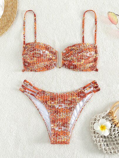 Floral Print Smocked Bikini Swimsuit SKU: sw2212020890263342(18 Reviews)$11.99Make 4 payments of ... | SHEIN