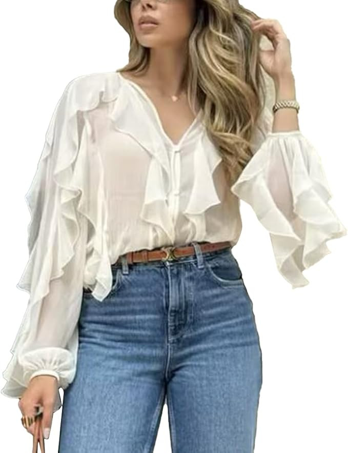 LETSVDO Women's Ruffle Chiffon Tops Puff Sleeve Sheer See Through Button Down V Neck Bubble Loose... | Amazon (US)