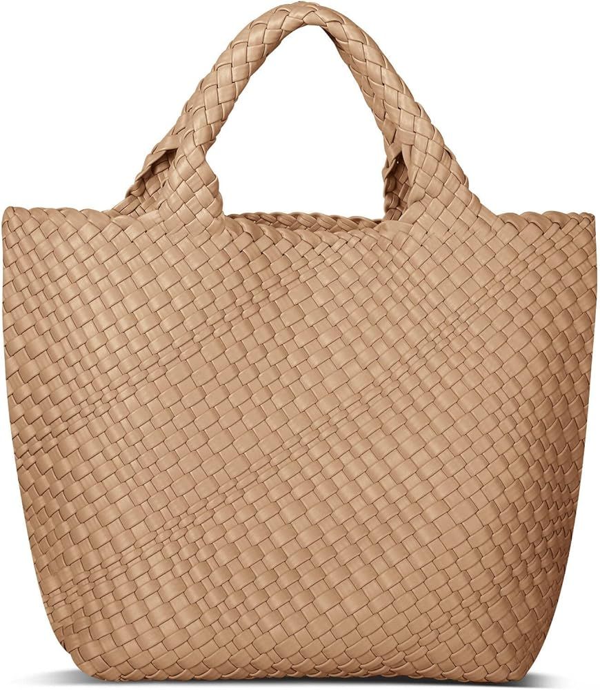 Womens Vegan Leather Woven Bag with Purse, Fashion Handmade Beach Tote Bag Top-handle Handbag | Amazon (US)