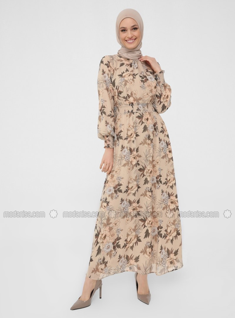 Cream - Floral - Crew neck - Half Lined - Modest Dress -  Woman | Modanisa (US)