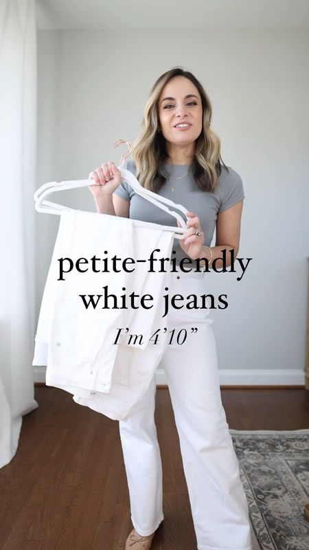 Petite friendly white jeans 

From left 

Loft kick crop: petite 24 
11.25” rise 
24” inseam 

J.crew slim straight: petite 24 
9” rise 
25” inseam 

J.Crew slim wide leg: petite 24 
10.5” rise 
24” inseam 
(I’m wearing the curvy fit which doesn’t have a raw hem)

Abercrombie 90s relaxed: 24 extra short 
 10.5” rise
27” inseam in extra short 

Top: xxs
Shoes: tts 

My measurements for reference: 4’10” 105lbs bust, waist, hips 32”, 24”, 35” size 5 shoe 

#LTKstyletip #LTKVideo #LTKSeasonal