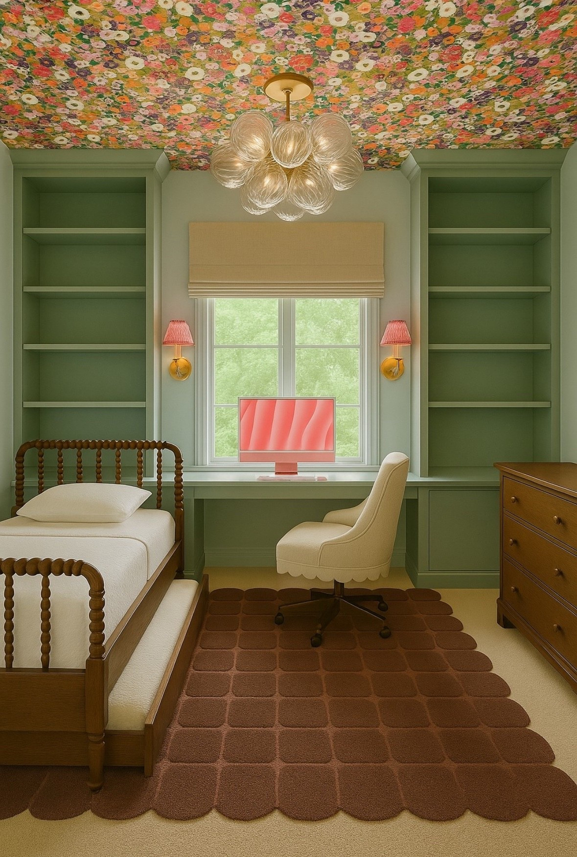 Still dreaming up a room refresh for our daughter’s bedroom. wallpaper | scalloped rug | wall sconce | dresser | spindle bed | flush mount chandelier | AI renderingg

#LTKKids #LTKmomlife #LTKHome