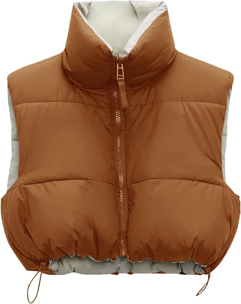 Fisoew Womens Cropped Puffer Vest Lightweight Reversible Outerwear Sleeveless Warm Jacket Padded ... | Amazon (US)