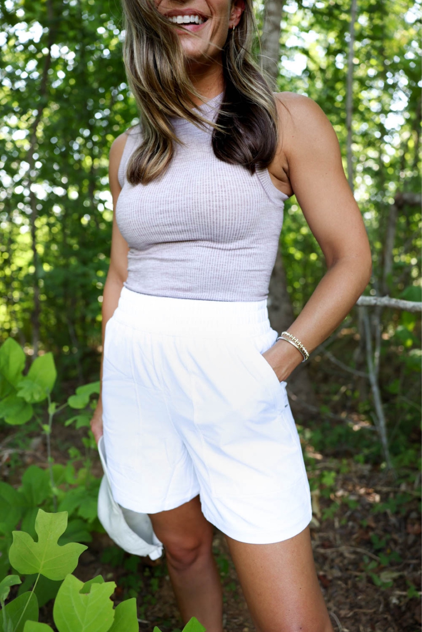 These shorts have large zippered pockets! They’re true to size and not see through in white. Marked down now through 7/22 @athleta #ad 

Top: xxs in cascadia violet heather 
Shorts: xxs 
Hat: magnolia white 

#athleta #powerofshe

#LTKActive #LTKSummerSales