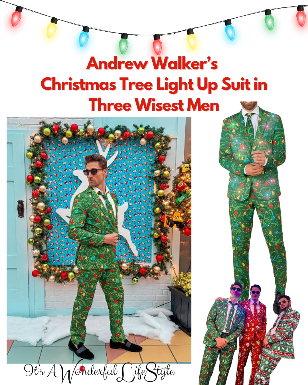Shine as bright as the Christmas tree itself with Andrew Walker’s unforgettable Light-Up Christmas Suit seen in Hallmark’s Three Wisest Men! 🎄✨ 

This festive showstopper perfectly captures the joyful, over-the-top holiday spirit that makes the Brenner brothers’ adventures so beloved. With twinkling lights, bold Christmas colors, and a playful design that’s impossible to miss, Andrew’s suit brings the holiday fun wherever he goes. Whether you’re heading to a Christmas party, family gathering, need a gift idea for that guy on your list... who loves Christmas & Movies, or just want to spread some cheer, this look is sure to make you the life of the celebration—just like Andrew in the movie! 

 #LTKGiftGuide #LTKHoliday #LTKMens