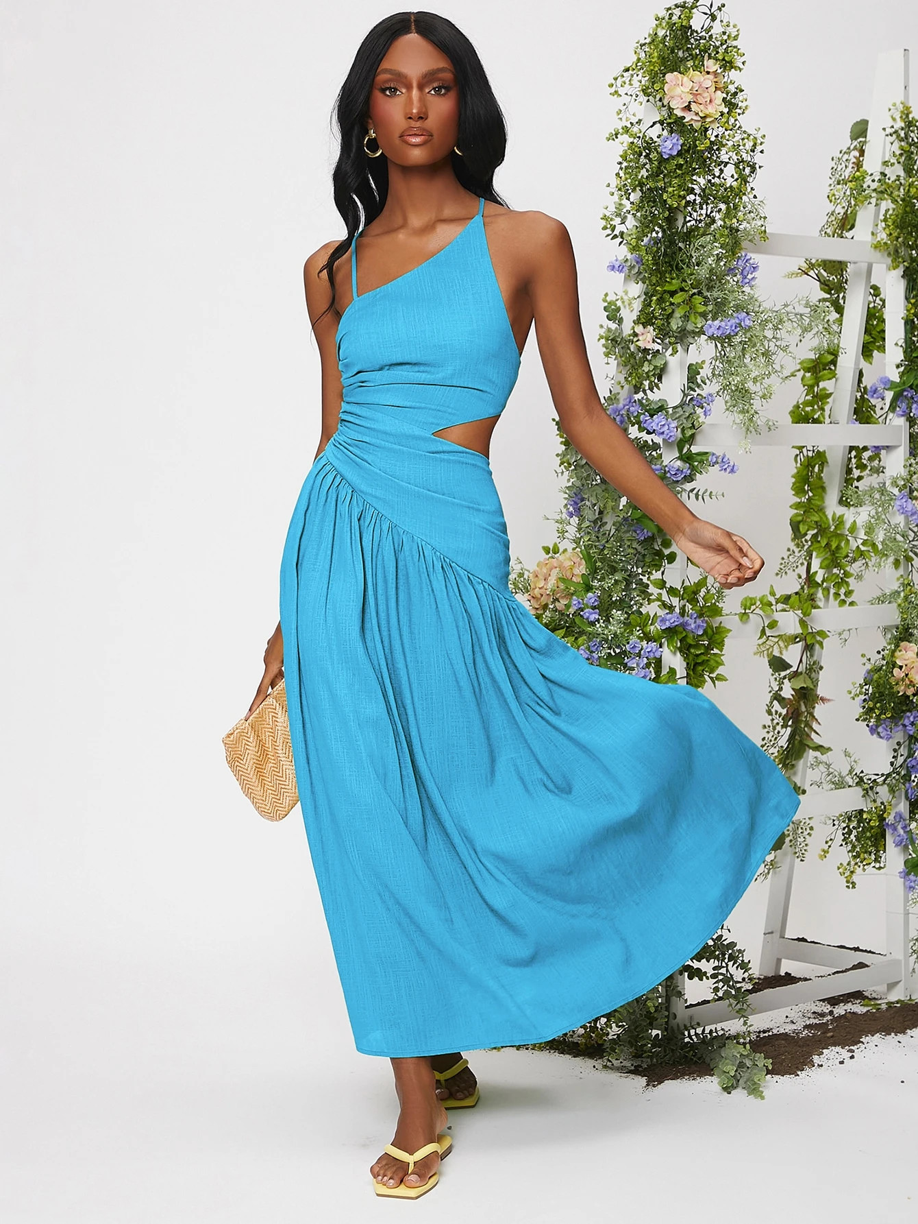 SHEIN Criss Cross Lace Up Backless Cut Out Ruched Ruffle Hem Dress | SHEIN