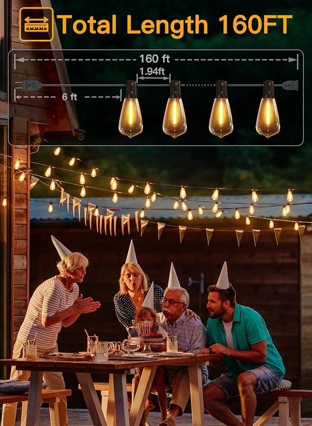 Ollny Outdoor String Lights 160FT, Shatterproof Connectable Patio Lights with 80+4 Spare ST38 Vin... | Amazon (US)