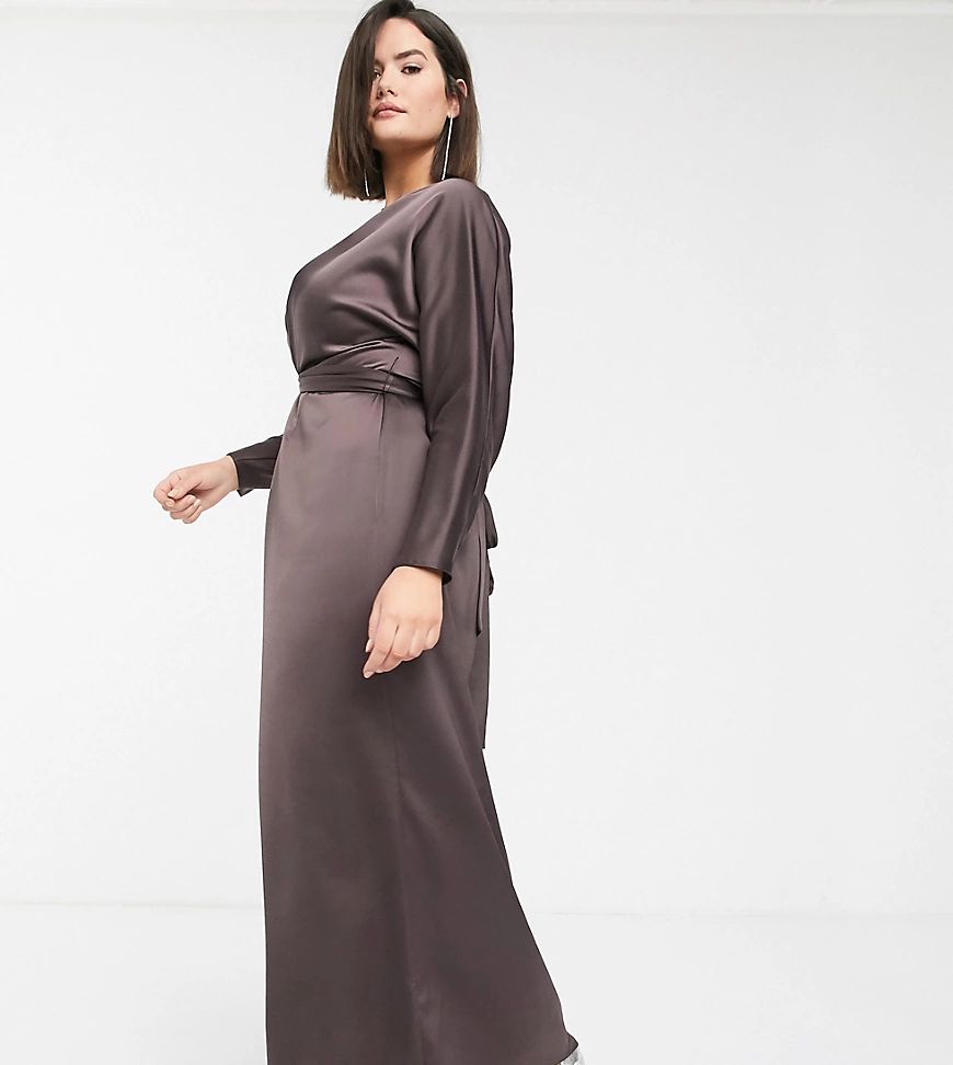 ASOS DESIGN Curve maxi dress with batwing sleeve and wrap waist in satin-Brown | ASOS (Global)