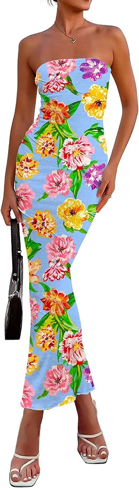 PRETTYGARDEN Women's 2026 Summer Floral Bodycon Maxi Dresses Ribbed Strapless Tube Casual Boho Pa... | Amazon (US)