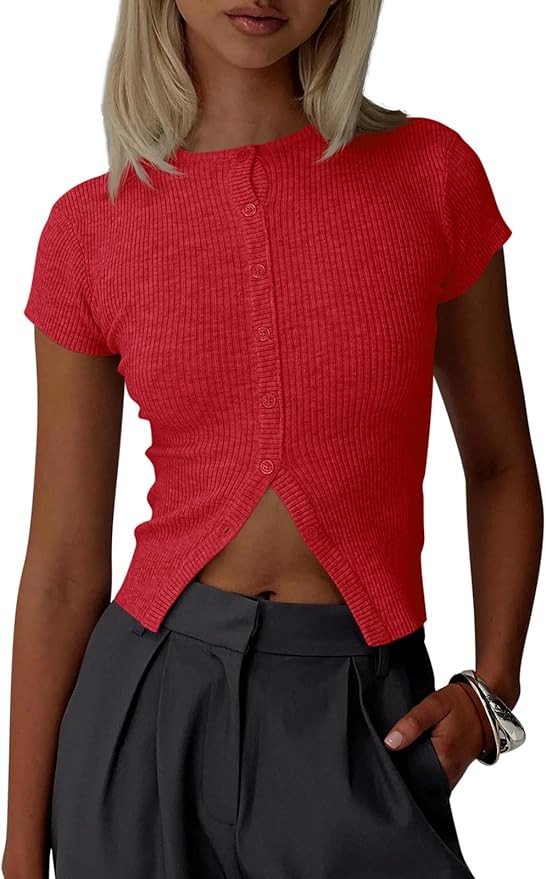 Imily Bela Womens Short Sleeve Sweater Tops Summer Button Down Casual Ribbed Knit Slim Fit Croppe... | Amazon (US)