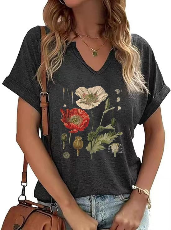 Vintage Flowers V Neck Shirt for Women Boho Floral Wildflowers Graphic Tee Casual Cottagecore Sum... | Amazon (US)