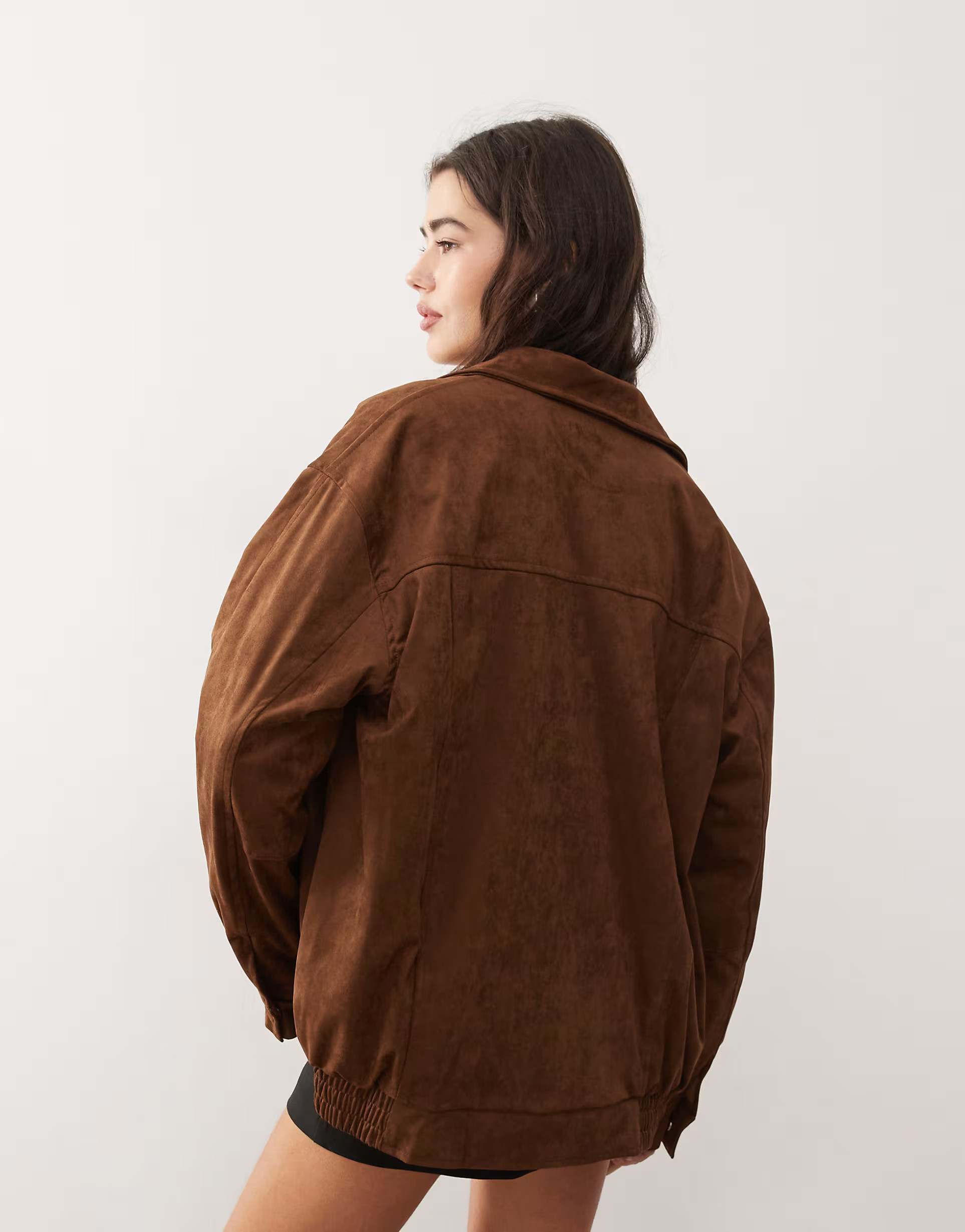 Motel cavita faux suede longline bomber jacket in dark brown | ASOS (Global)