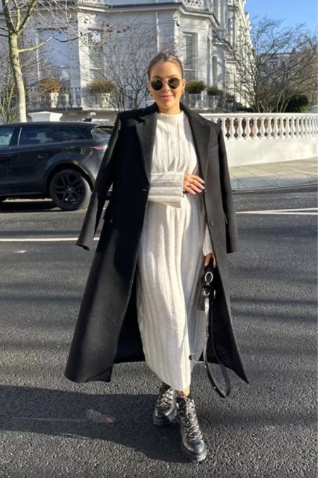 Outfit inspiration, streetstyle, London style, white knitted dress, black leather long coat, Jimmy Choo Boots, H&M, ASOS

#LTKstyletip #LTKSeasonal #LTKeurope